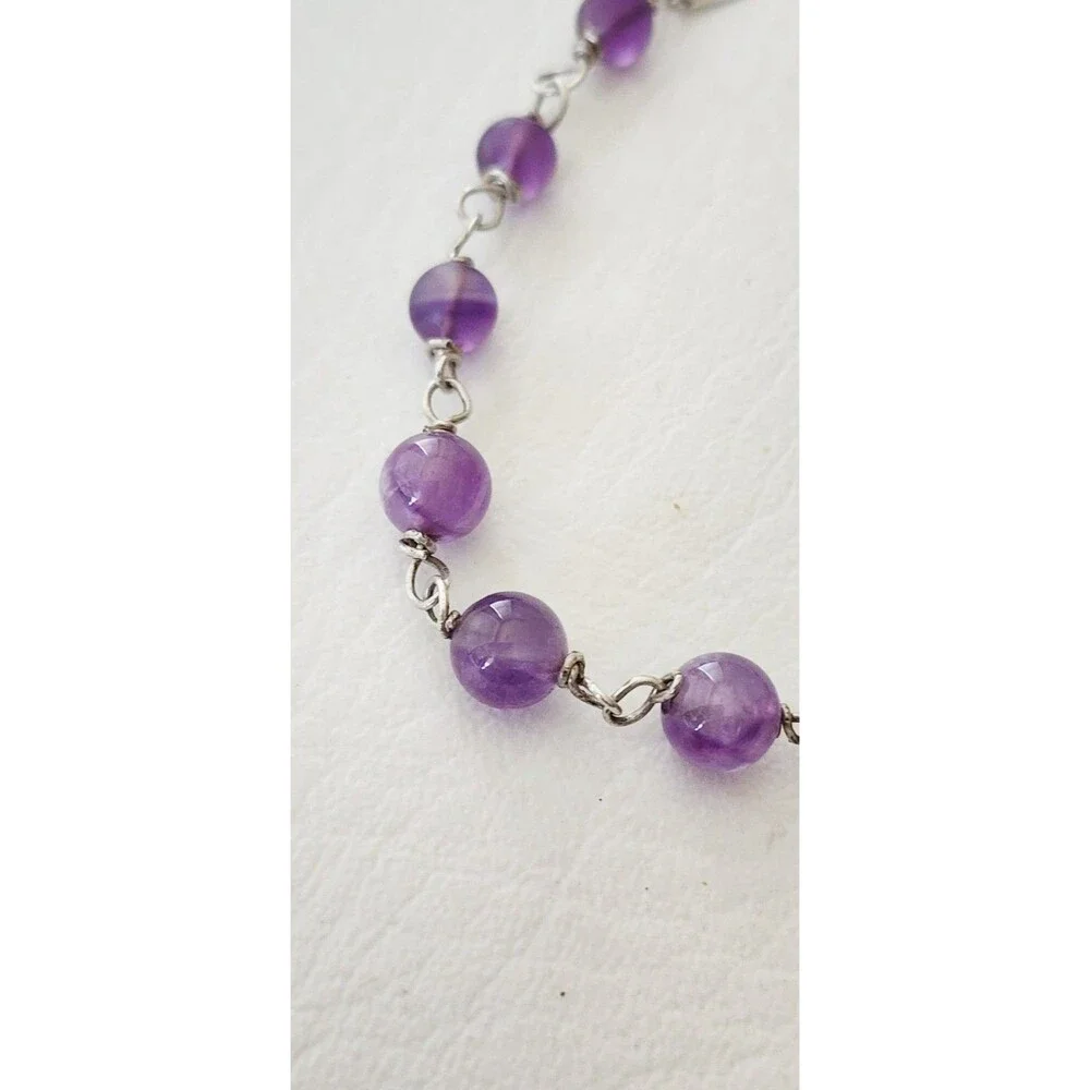 Sterling Silver Amethyst Beaded Chain Bracelet 7 Inches 7.79 Grams Handcrafted
